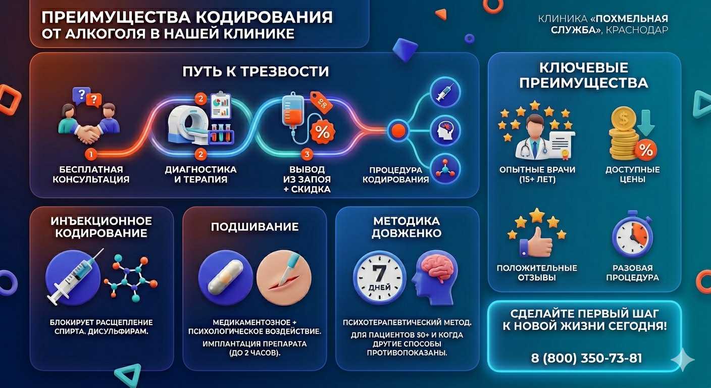 Инфографика о методах кодирования от алкоголя в Шарье: инъекции, подшивание, метод Довженко. Преимущества клиники и этапы лечения.