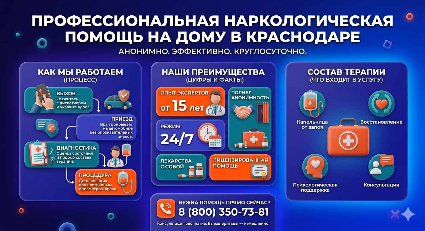 Инфографика о принципах лечения алкоголизма на дому в Шарье: этапы вызова нарколога, преимущества анонимной детоксикации и состав медицинской помощи.